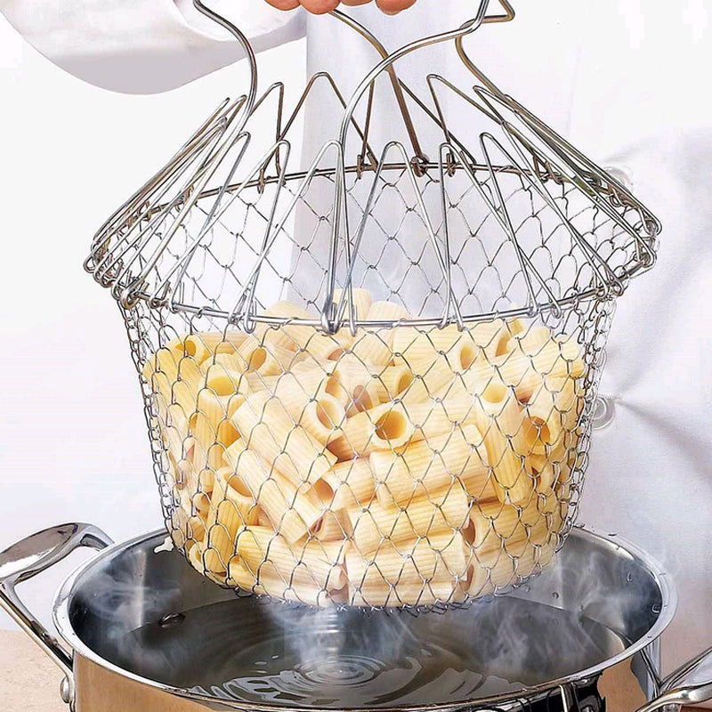 Stainless Steel Expandable Fry Chef Basket Kitchen Colander Magic Mesh Basket Strainer Net Cooking Steam Rinse Strain Basket